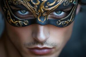 Man wearing black and gold leather mask covering the upper half of his face photo