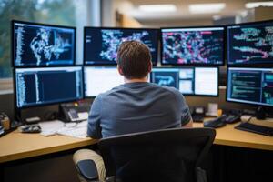Software developer analyzing code on multiple monitors in a office setting photo