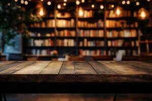 Wooden table with library full of books in the background photo
