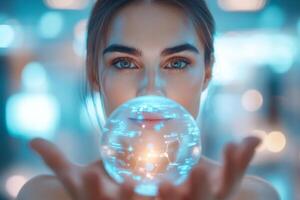 Woman holds digital sphere with technological patterns photo