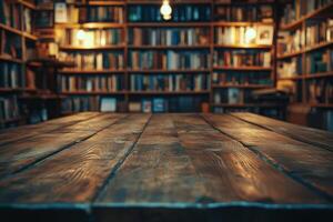 Table with library full of books in the background photo