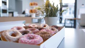 A Box of Freshly Baked Donuts on a Table. photo