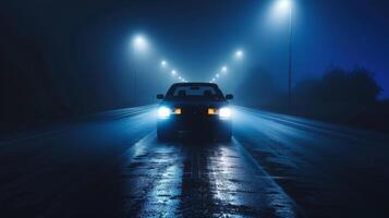 Car Driving Through Foggy Night. photo
