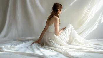 Elegant Bride in White Dress with Flowing Fabric. photo
