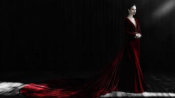 Elegant Woman in Red Velvet Gown. photo