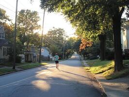 Runner on a Suburban Street at Sunset. photo