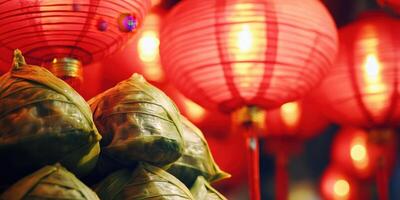 Chinese New Year Festive Lanterns and Zongzi. photo
