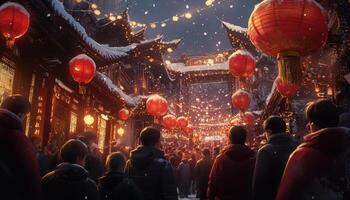Snowy Night in a Festive Chinese City. photo