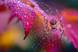 Vivid close-up of spider on web with dew-drop covered leaves in background photo