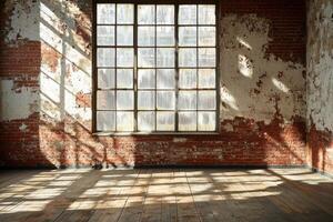 Sunlit industrial loft interior with exposed brick and large window photo