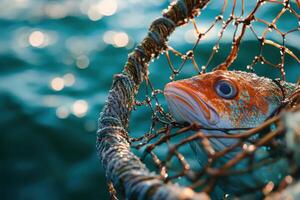 Close-up of a fish in a fishing net with ocean water in the background photo
