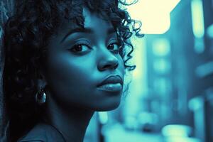 Portrait of a young woman in urban setting with curly hair and earring focus photo