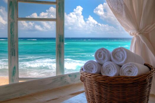 Refreshing view of turquoise ocean from open window with rolled white towels in basket photo