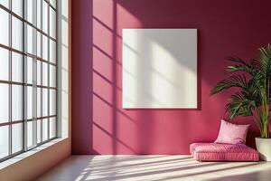 Sunlit interior with pink wall and plant featuring empty canvas on display photo
