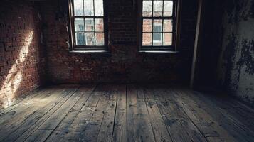Rustic abandoned room with brick walls wooden floor and two windows illuminated by sunlight photo
