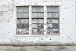 Weathered industrial window with peeling paint on old brick wall in urban decay concept photo
