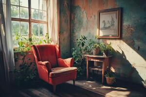 Cozy vintage interior with red armchair and sunlit window in rustic room photo