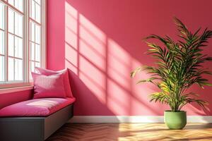 Sunlit room with pink bench and green potted plant creating a vibrant interior space photo