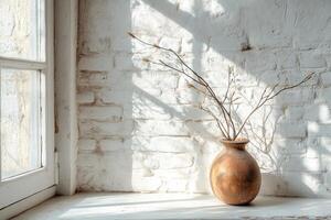 Rustic clay vase with dried branches on sunlit brick windowsill interior photo