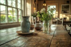 Rustic table setting with ceramic vase and wildflowers in sunlit room photo