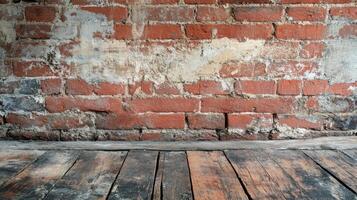 Aged brick wall with weathered wooden floorboards background texture photo