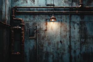 Rustic industrial wall with exposed metal pipes and a single hanging light photo