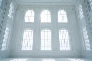 Grand hall with large windows illuminated by sunlight in elegant architectural design photo