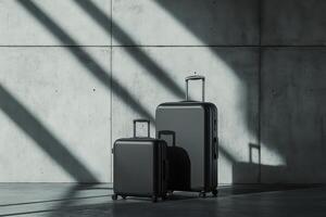 Two black suitcases against a concrete wall with shadow patterns photo