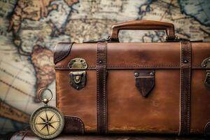 Vintage leather suitcase with antique compass on old world map background photo