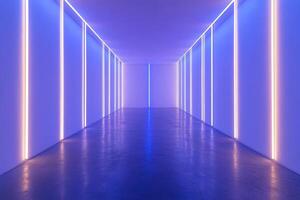 Futuristic empty corridor with blue and purple neon lights creating a geometric pattern photo