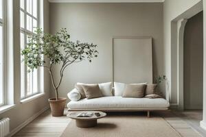 Minimalist living room with neutral toned sofa and indoor plants, modern interior design photo