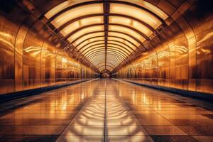 Illuminated underground tunnel with reflective gold walls and arched ceiling design photo