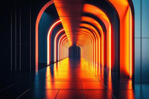 Futuristic corridor with neon lights in symmetrical architecture design photo