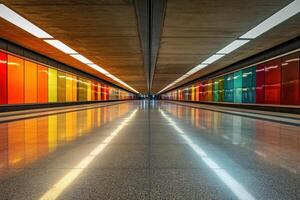 Colorful underground subway tunnel with illuminated walls and symmetrical design photo