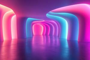 Futuristic neon tunnel with vibrant curved patterns and illuminated walls photo