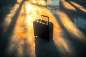 Rolling suitcase in sunlit airport terminal reflecting travel and adventure photo