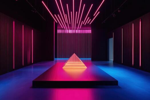 Futuristic neon installation with geometric pyramid and vibrant lighting display photo