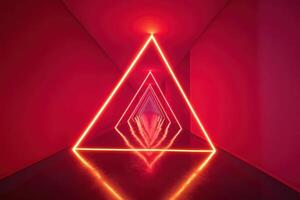 Futuristic neon red pyramid tunnel with symmetrical light reflections and geometric shapes photo