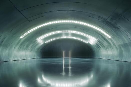 Futuristic tunnel with curved architecture and reflective floor featuring lighting photo