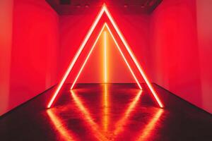 Glowing red neon triangle art installation in dark gallery space photo