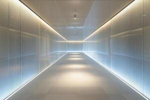 Futuristic illuminated corridor with sleek reflection in modern interior design photo