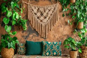 Macrame wall hanging in trendy boho living space with indoor plants and couch photo