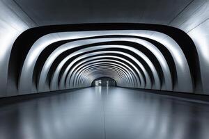Futuristic architectural tunnel with arched metallic ceiling design and ambient lighting photo