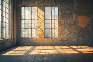 Sunlit room with large industrial windows and rustic wooden flooring photo