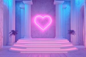 Neon heart on illuminated stage with classical columns in blue and pink ambiance photo