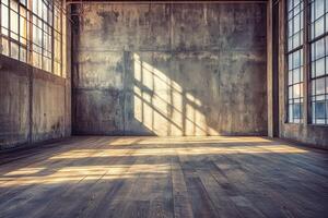 Sunlit industrial loft interior with large windows and concrete walls photo