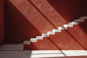 Modern minimalist staircase casting shadows on a red wall interior design photo