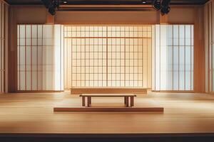 Traditional japanese interior with shoji screens and wooden platform in minimalist design photo