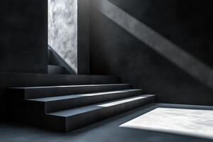 Sunlit concrete staircase in minimalist interior space with dramatic shadows photo