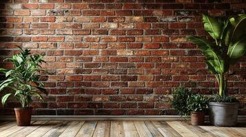 Brick wall background with indoor plants on wooden floor in cozy space photo